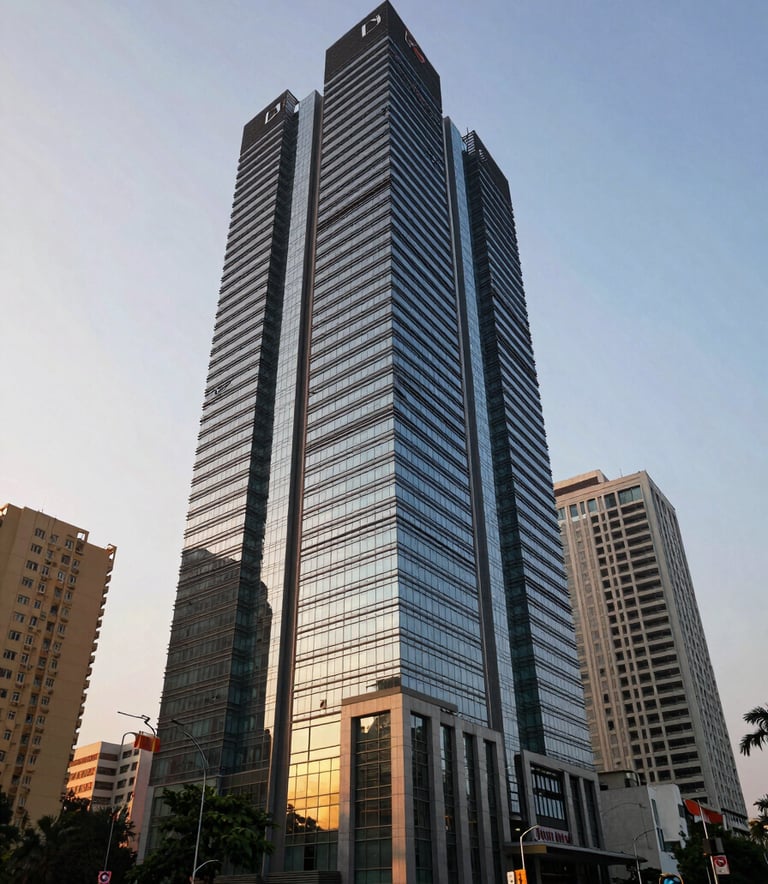 A wide-angle exterior shot of a modern architectural building in a prominent business district of Bangalore, South Asian / Indian urban environment, sunset lighting casting soft shadows on glass and steel.