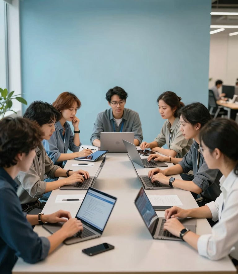 Wide shot of a collaborative workspace in a modern North American office. A team is gathered around a table with tablets and laptops, reflecting a sense of forward-thinking innovation. The interior design features light blue accents and light gray surfaces, creating an empowering and trustworthy atmosphere.