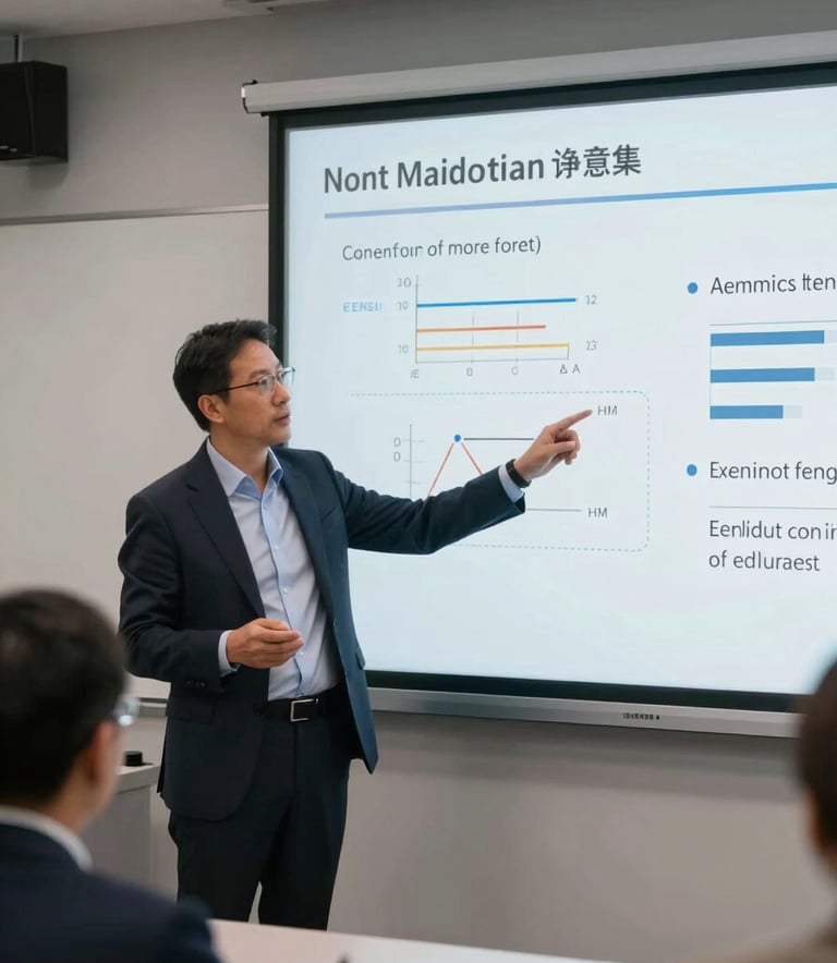 A professional educator in a high-tech training room in a North American corporate building, explaining concepts using a large interactive screen, capturing a mood of modern professionalism.