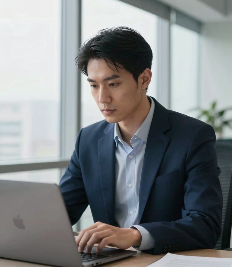 A close-up photograph of a focused professional in a high-tech North American office environment, using a sleek laptop with soft morning light filtering through large windows. The scene is dominated by a clean navy blue and light gray color palette, emphasizing a mood of modern intelligence and professional concentration.