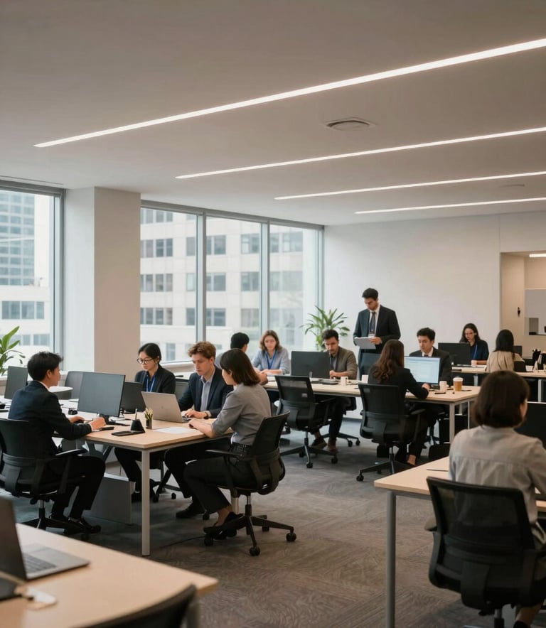 A wide-angle shot of a bright, modern open-plan office in a major US city, with professionals engaged in collaborative work around light-colored tables.