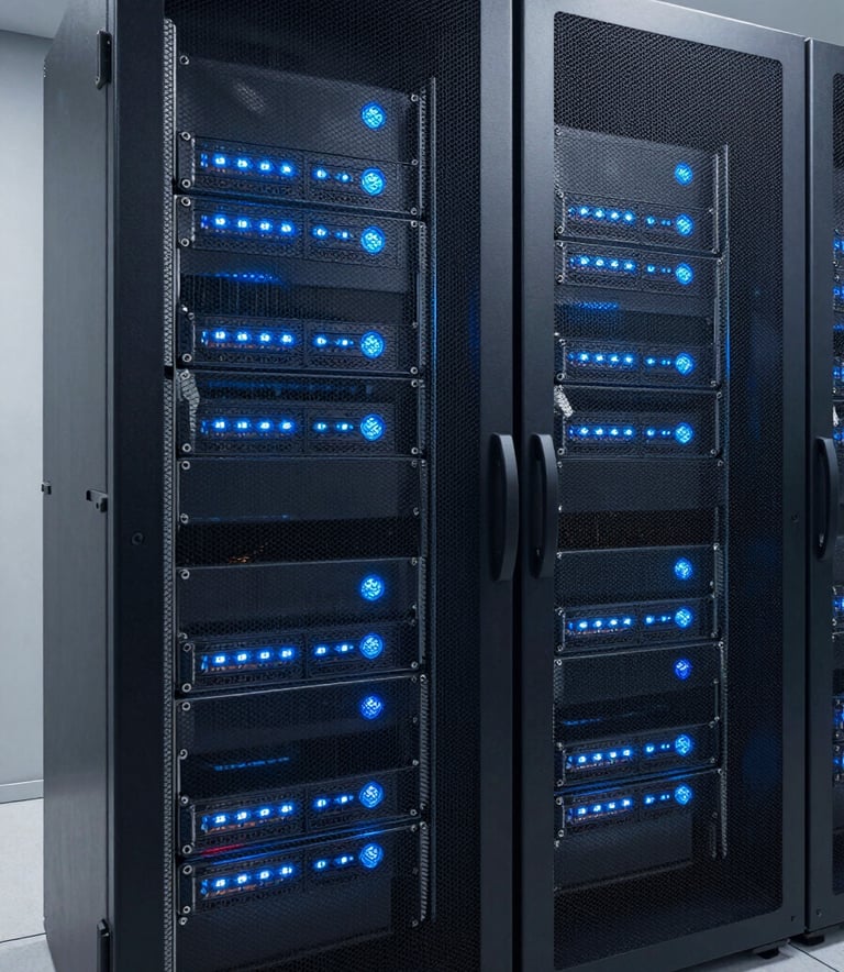 A high-tech server room with glowing blue and white lights on racks, representing advanced digital infrastructure and reliability, clean and minimalist composition, professional photography.