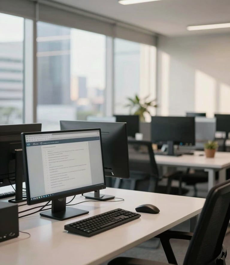 A bright and professional office space in Brazil, showcasing clean desks and advanced computer monitors, South American / Brazilian context, modern corporate architecture, soft morning sunlight.
