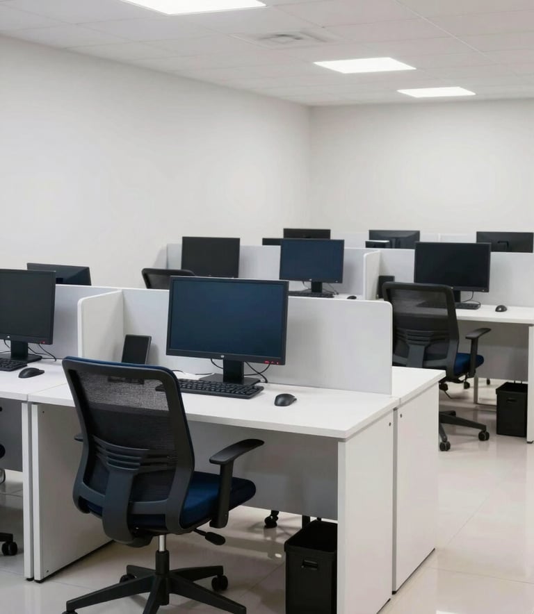 Wide shot of a clean, bright, and modern Brazilian call center with ergonomic workstations. The atmosphere is professional and organized, with a palette of white and dark blue, reflecting a high-standard corporate environment.