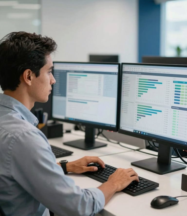 A focused South American professional in a modern Brazilian office environment, working with high-tech monitors showing data analytics. The scene is lit with clean, natural light, emphasizing a mood of efficiency and trust, with subtle white and dark blue accents in the background.