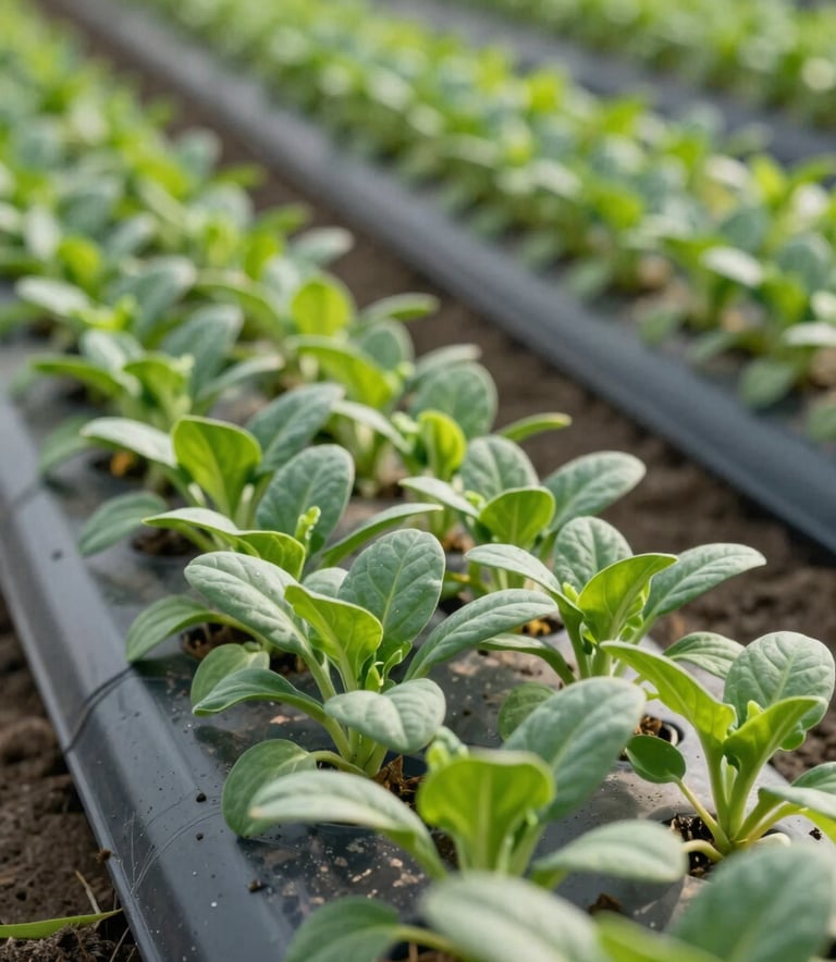 A close-up of vibrant green organic seedlings growing in structured, modern irrigation rows, North American farm setting, crisp morning sunlight, sage green and forest green tones, professional agricultural photography.