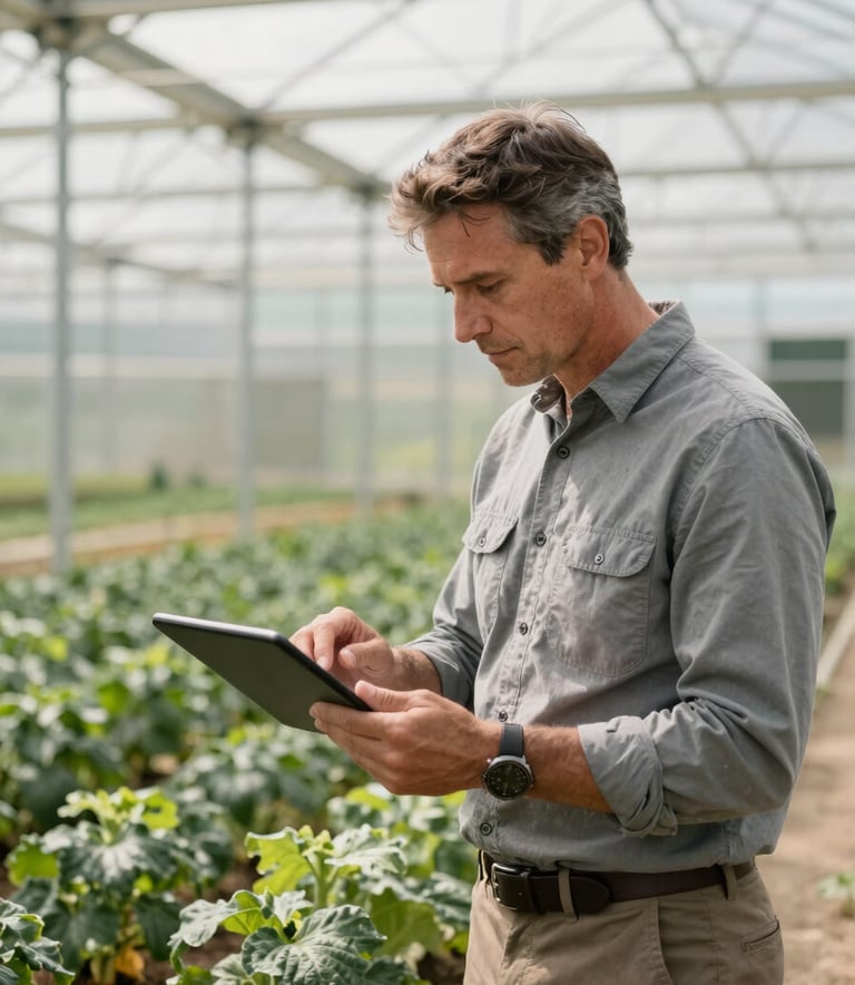 A professional agricultural consultant in North American field attire using a tablet to analyze land data in a modern greenhouse, natural bright lighting, clean and sophisticated mood.