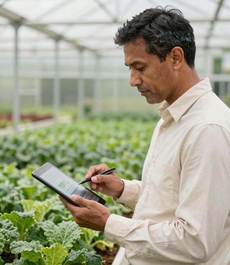 A professional North American consultant in a modern greenhouse setting, holding a tablet and reviewing agricultural data. The lighting is bright and clean, with a sophisticated and trustworthy mood. Colors include deep greens and soft creams, reflecting a modern sustainable agricultural practice.