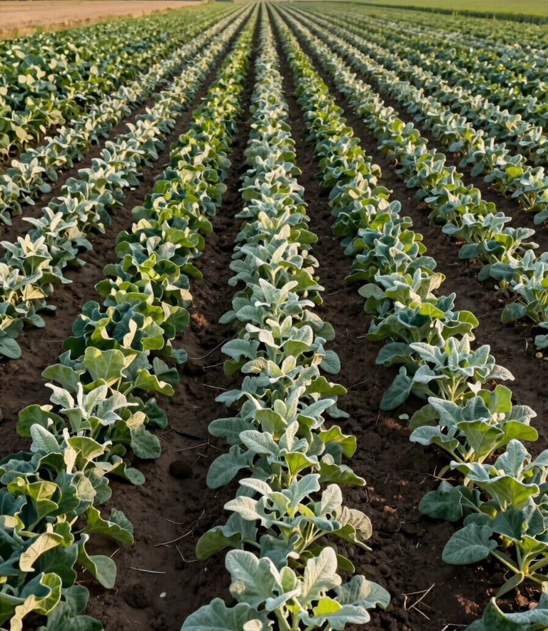 A wide, high-angle photograph of a organized North American organic farm field. The composition shows clean, straight rows of healthy crops under clear daylight. The style is professional and modern, emphasizing sophisticated land management and growth. Deep green and light sage foliage against a natural sky.