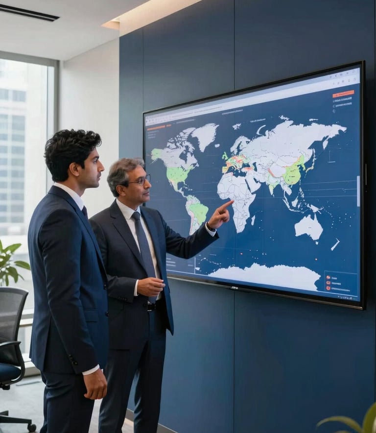 A clean, modern photography shot of a high-end corporate office in a South Asian city. Two trade experts in formal professional attire are reviewing global shipping routes on a digital screen. The room is decorated in sophisticated dark blue and off-white tones, conveying confidence and authority.