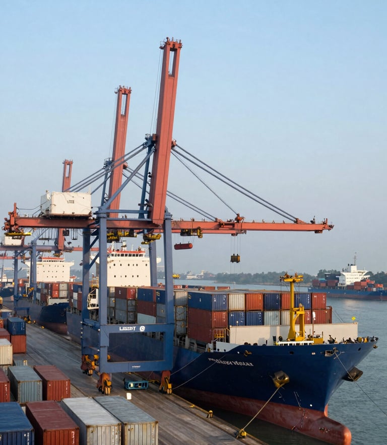 A wide-angle, professional photograph of a bustling South Asian port at dawn. Large cargo vessels are being loaded with steel containers by massive cranes. The atmosphere is crisp and sophisticated with a color palette of light blue and dark blue. The scene emphasizes global trade and reliable logistics.