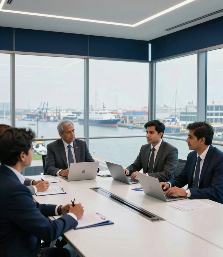 Professional South Asian business group discussing global logistics in a modern conference room with glass walls overlooking a harbor, clean and sophisticated aesthetic with navy blue accents.