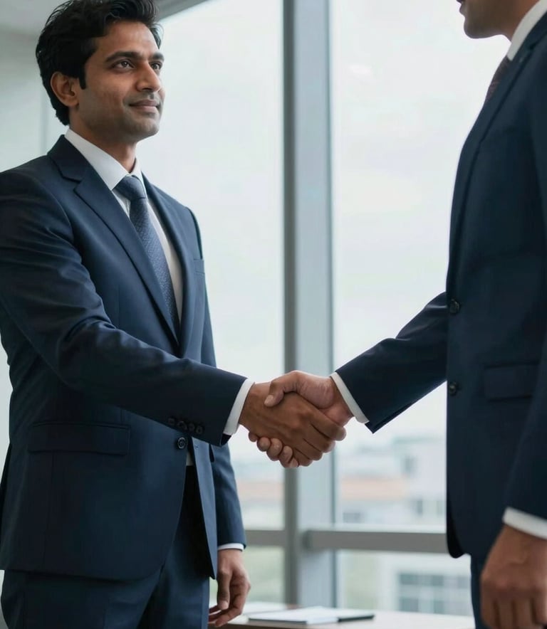 Photography of a professional handshake between two business executives in a high-end South Asian corporate office, soft daylight filtering through large windows, sophisticated atmosphere with dark blue and light blue tones.