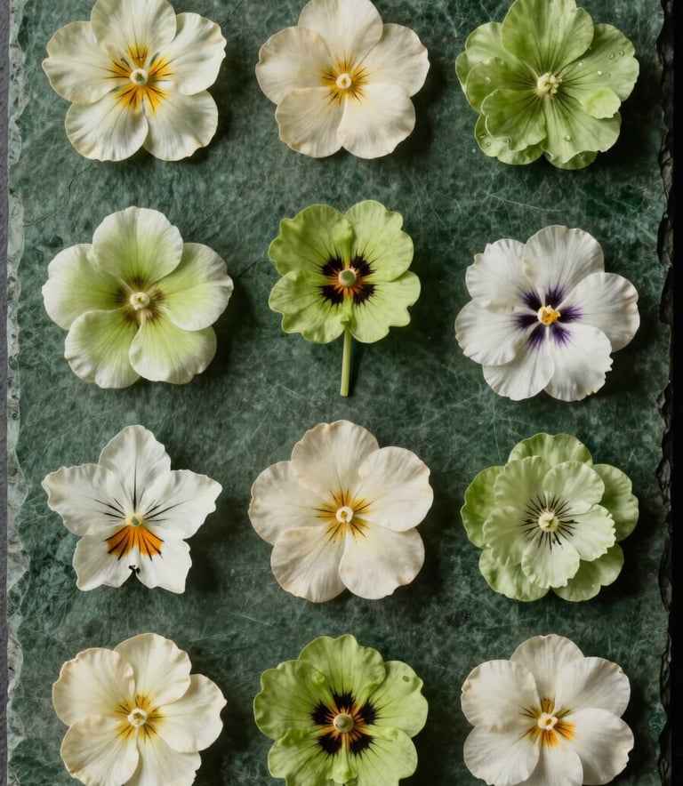 A top-down minimalist composition of various edible flowers in shades of pale green and cream, arranged on a deep green stone slab, high-end North American culinary photography.