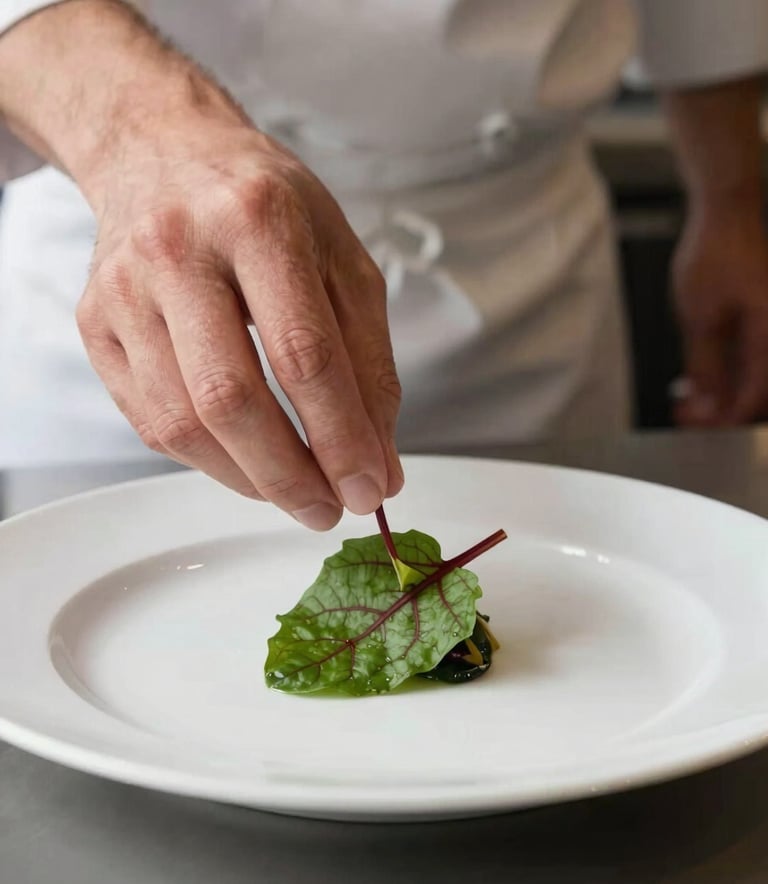High-resolution shot of a chef's hand carefully placing a tiny red-veined sorrel leaf on a white plate, soft-focus background, elegant lighting, North American luxury restaurant kitchen.