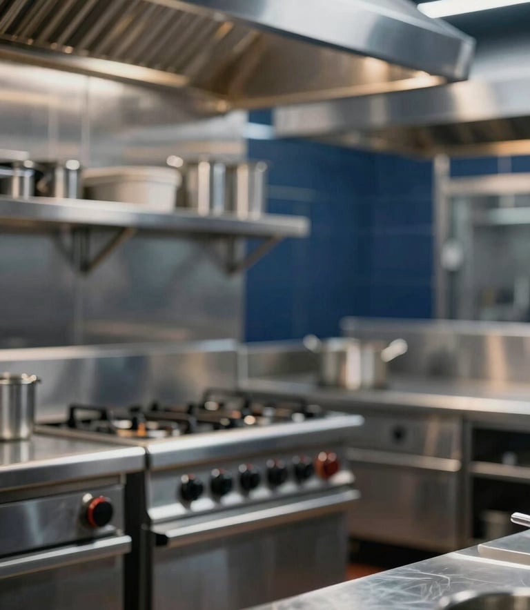 An ultra-clean, modern commercial kitchen with gleaming stainless steel surfaces and architectural lighting. The composition is minimalist and professional, reflecting the high standards of the restaurant industry. Incorporates navy blue and gold light reflections.