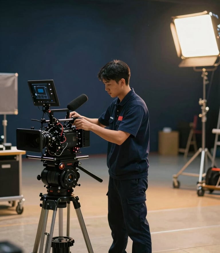 A wide, cinematic shot of a professional film production set with cameras and lighting rigs. In the foreground, a professional cleaning technician in a navy blue uniform is meticulously preparing the space. The mood is high-end and polished, with a palette of navy and warm gold lighting.