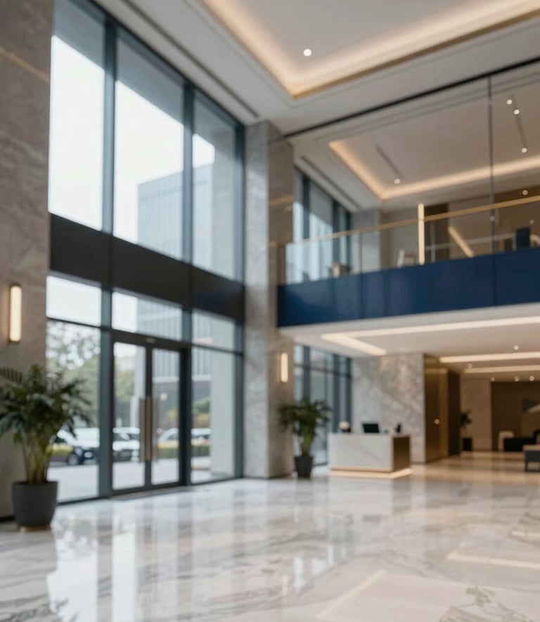 A wide-angle, high-end shot of a modern corporate lobby with floor-to-ceiling glass and marble floors. The lighting is sophisticated and clean, featuring a subtle navy blue and gold color palette in the decor.