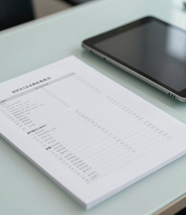 A close-up photography of organized financial documents and a sleek digital tablet on a modern desk, East Asian / Japanese office environment, clean composition, professional lighting with muted teal and light greyish blue accents.
