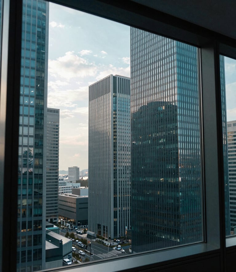A wide photography of a modern East Asian / Japanese business district skyline seen through a clean office window, morning light, reflecting a sense of dedicated support and professional efficiency, dark teal tones.