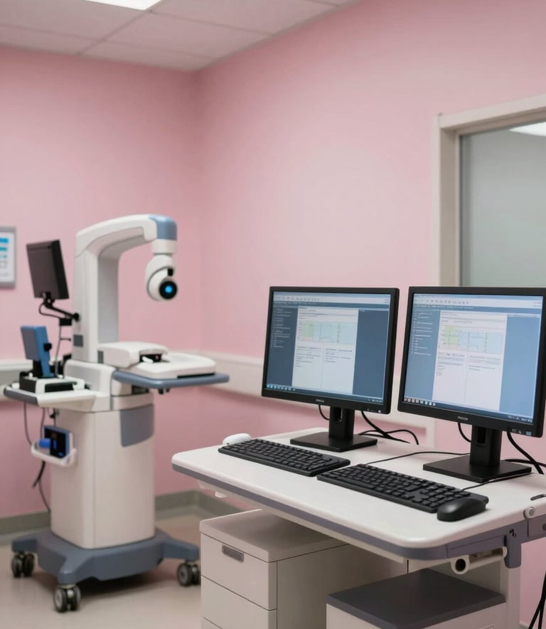 A bright, professional medical workspace in a US hospital featuring sleek computer monitors and innovative diagnostic equipment, with soft dusty pink tones in the room decor and warm natural lighting.