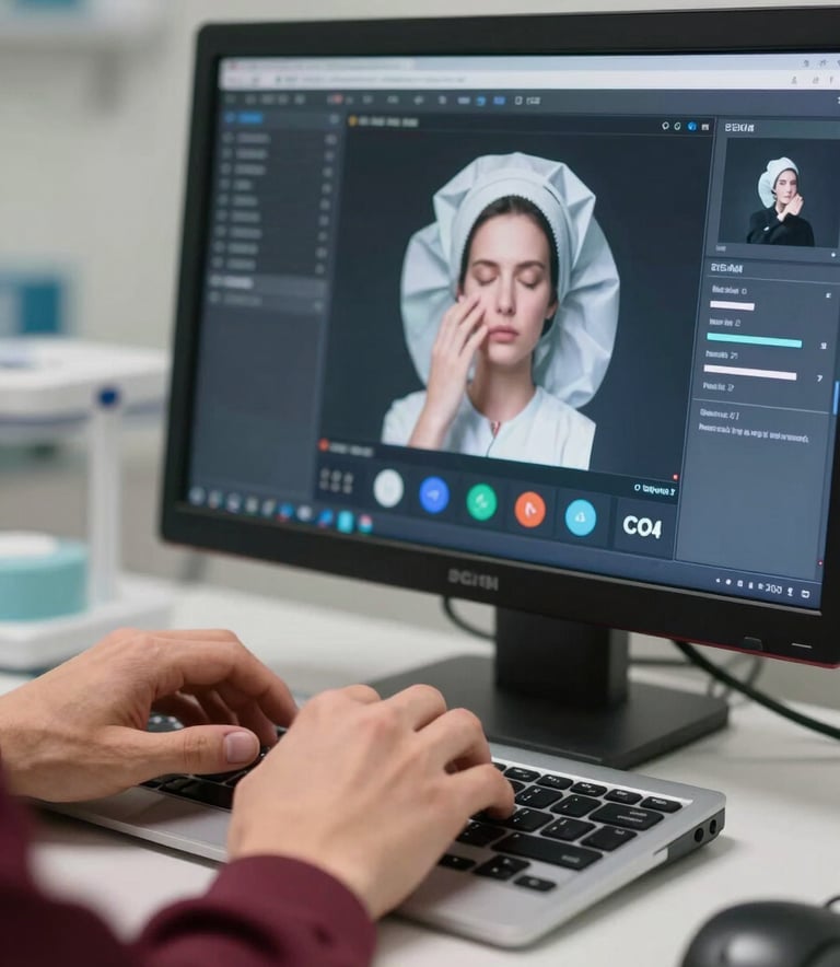 Close up of hands using a high-tech medical software interface on a desktop in a clean, professional North American / US hospital environment, soft lighting, accents of deep burgundy.