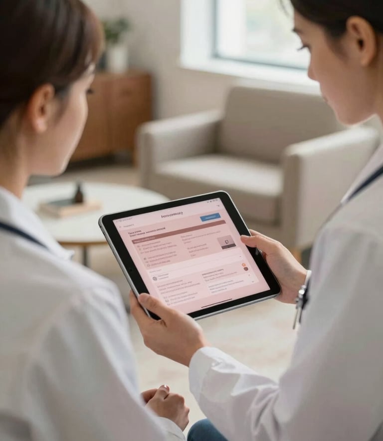A professional medical consultation in a North American / US office, featuring a clinician using a sleek tablet device with a dusty rose interface, warm natural lighting, high-end furniture.
