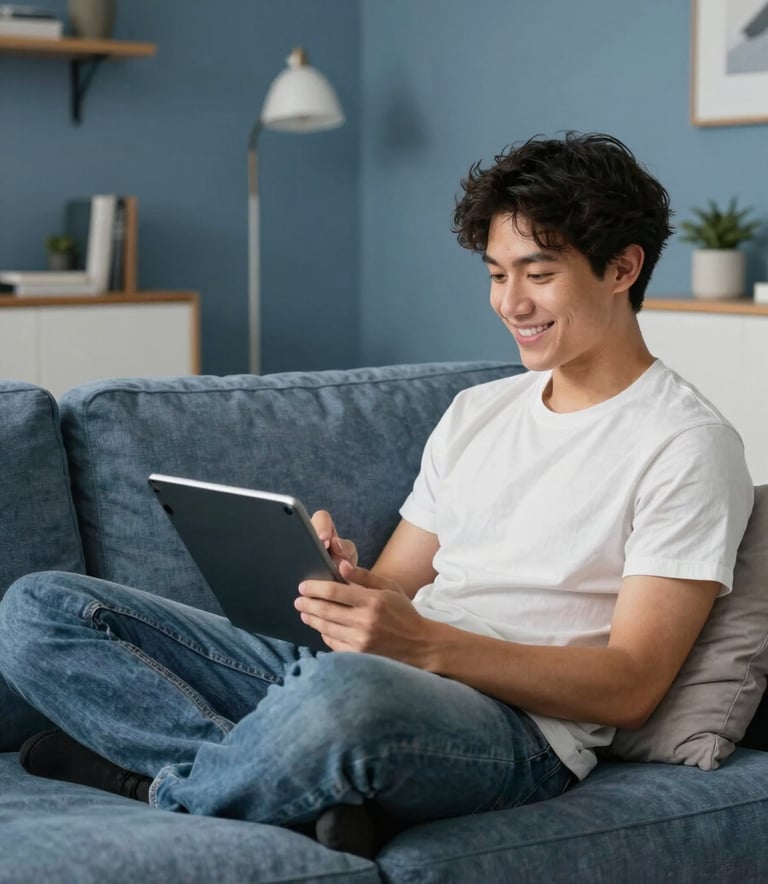 A relaxed person sitting on a comfortable sofa in a North American home setting, happily playing a game on a tablet. The room has a muted blue color scheme with modern, minimalist furniture and efficient lighting.