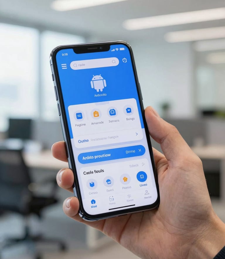 A close-up photograph of a sleek Android smartphone held by a person in a bright, modern North American office environment. The screen displays a clean, user-friendly interface with bright blue elements. Soft, professional lighting.