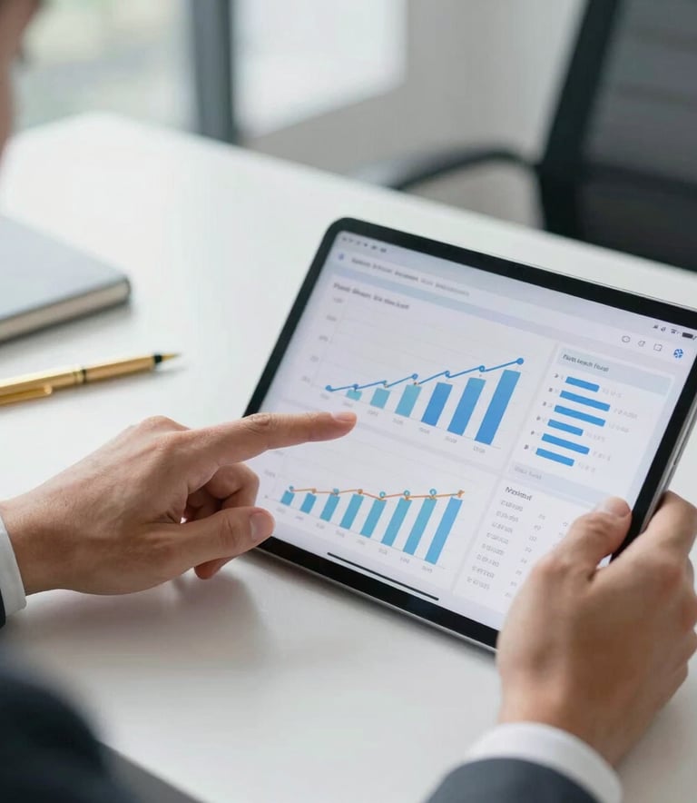 A close-up of a professional consultant's hands pointing at a tablet showing growth charts and market analysis, sitting in a bright, modern North American office with a gold pen nearby.