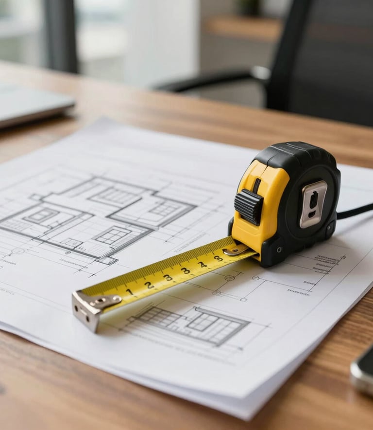 Close-up of architectural plans on a wooden desk with a yellow measuring tape, professional office environment in Latin American / Hispanic city, bright natural light, professional photography style.