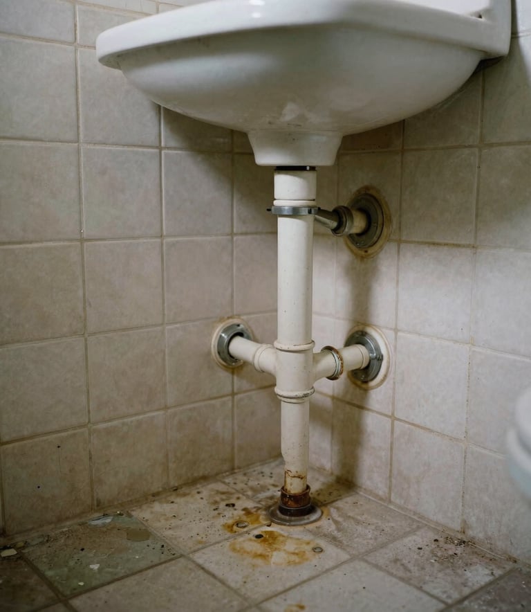 A before transformation shot of a damaged and outdated bathroom with old plumbing and stained tiles in a North American / US - Los Angeles, California house, realistic documentary style.