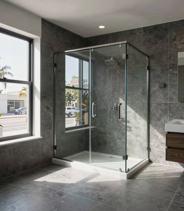 A professionally finished bathroom renovation in Los Angeles, featuring modern large-format dark gray tiles, a sleek glass shower door, and bright natural California light, wide angle photography.
