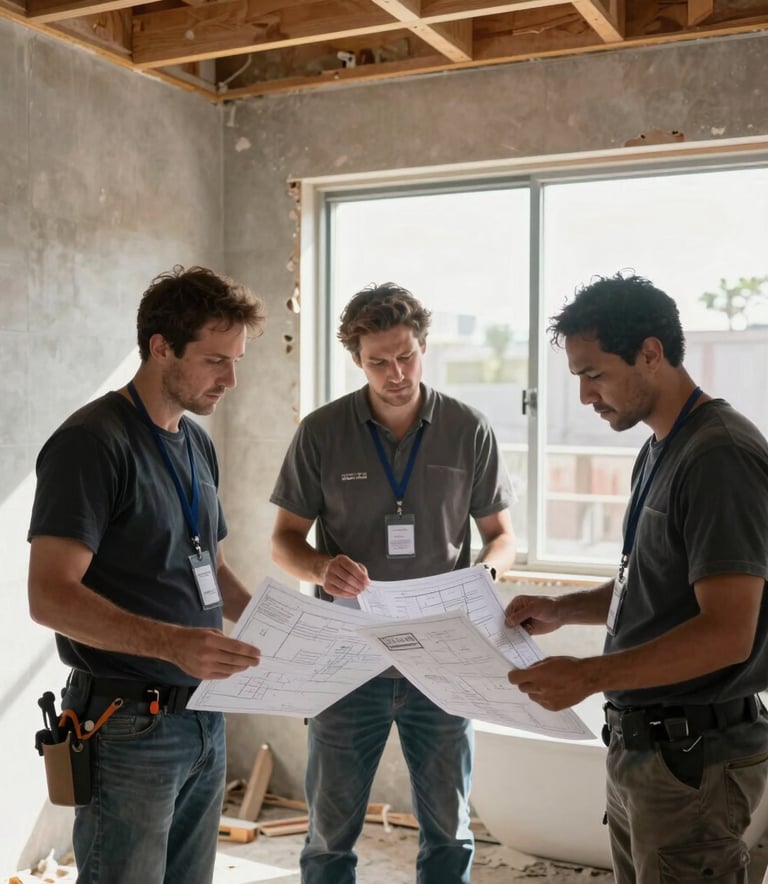 A professional construction team on a job site in Los Angeles, California, reviewing blueprints in a stripped-down bathroom during the demolition phase, bright daylight through a window, rugged and efficient atmosphere.