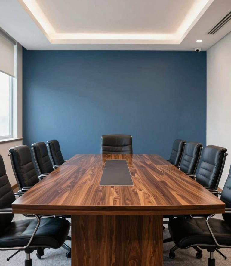 A wide-angle professional photograph of a bright, modern legal consulting room in Brazil. A mahogany meeting table is centered, reflecting soft light. The atmosphere is authoritative and calm, using shades of medium blue and off-white.