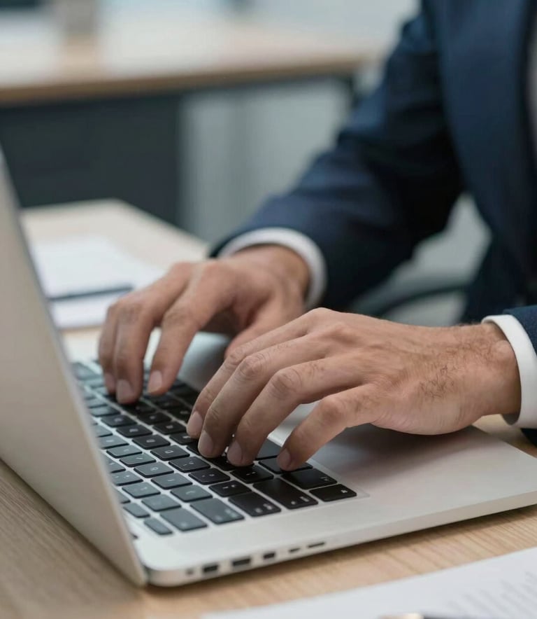 Close-up of hands typing a technical medical-legal report on a sleek laptop, a professional desk setting in a South American office, shallow depth of field, sharp focus, medium blue and white lighting.