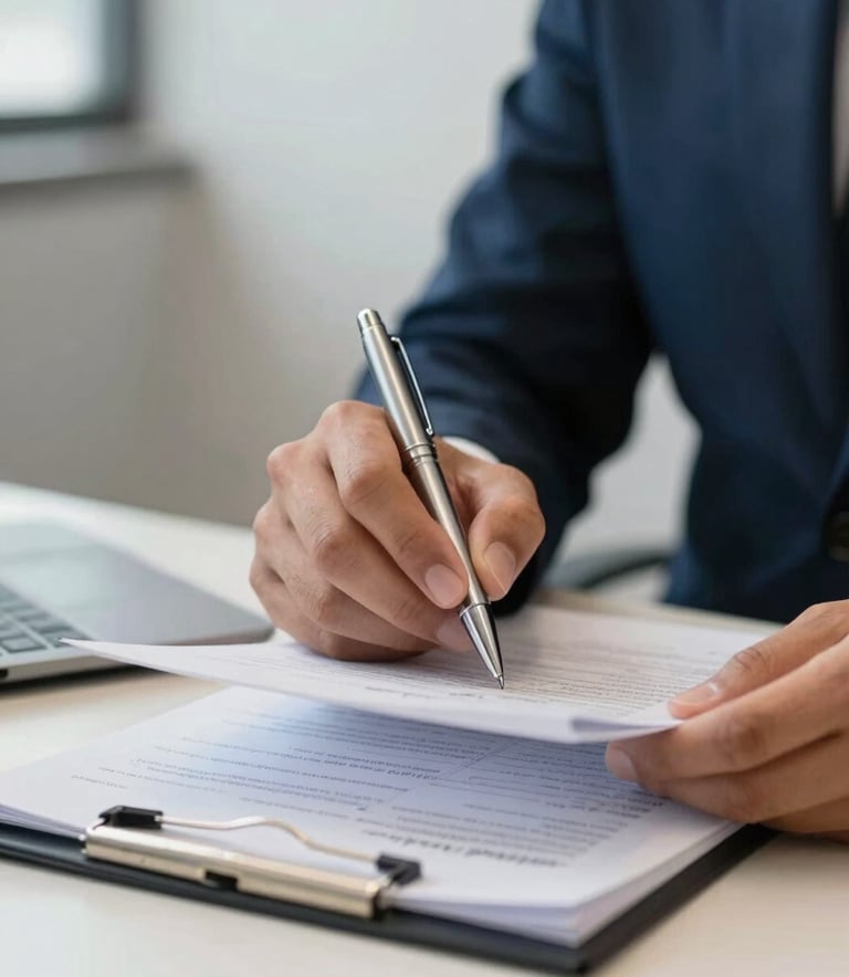 A close-up photograph of a professional's hand in a South American / Brazilian business environment, meticulously reviewing a technical medical document with a silver pen. The background is a clean, modern law office with soft lighting and a palette of dark blue and off-white.