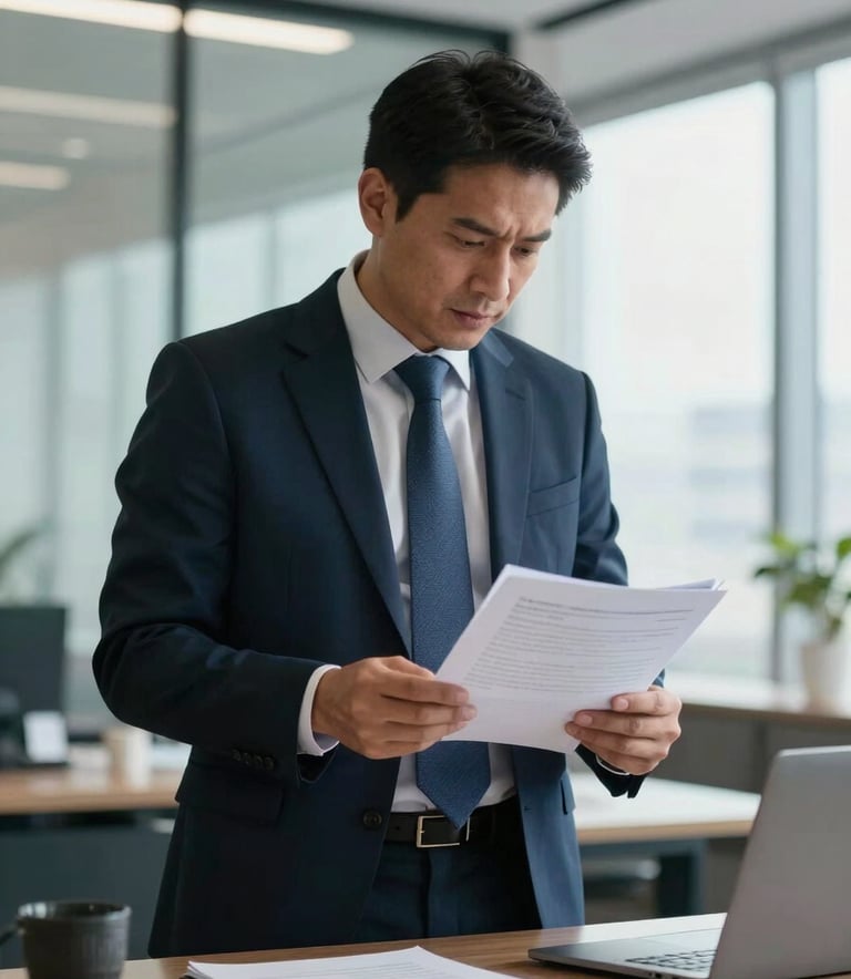 A professional South American legal consultant in a bright, modern corporate office reviewing medical files and documentation, cinematic lighting, authoritative atmosphere, medium blue accents.