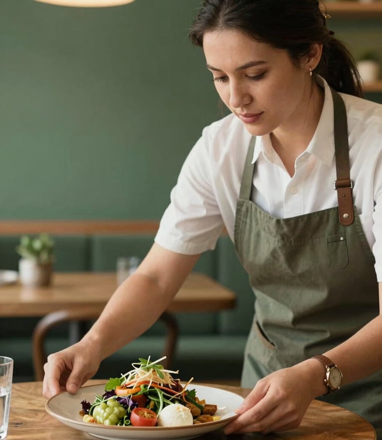 A close-up photograph of a professional social media manager in a North American bistro, expertly arranging a plate of farm-to-table food for a photoshoot, warm parchment lighting and matte forest green accents in the background.