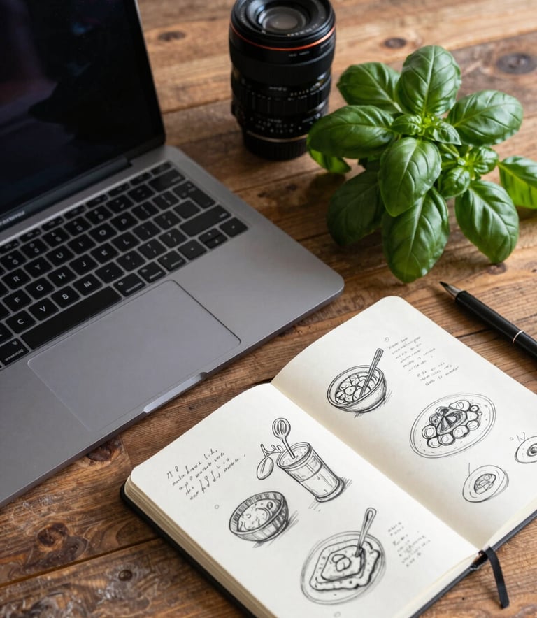 An overhead lifestyle photograph of a rustic wooden workspace in the US. A laptop, a sketchbook with food concept drawings, and a fresh sprig of basil sit on the desk. The atmosphere is cozy and professional, featuring a palette of Matte Forest Green and Crisp Parchment.