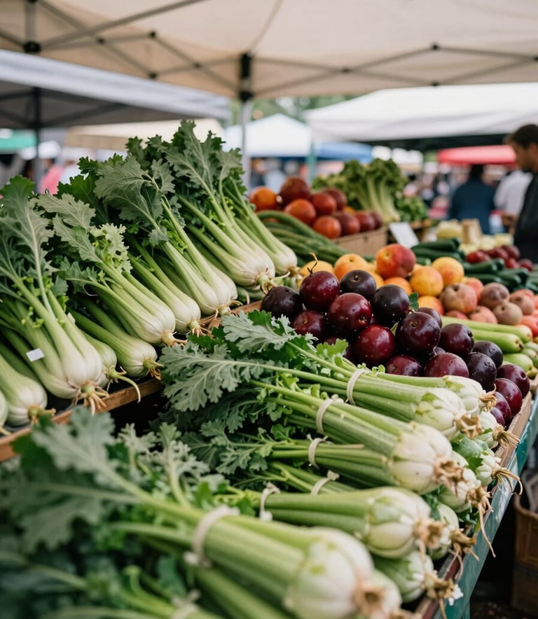 A bustling North American local farmer's market stall, showcasing piles of vibrant forest green vegetables and deep crimson fruits under a clean parchment-colored canopy, authentic and artisanal feel.