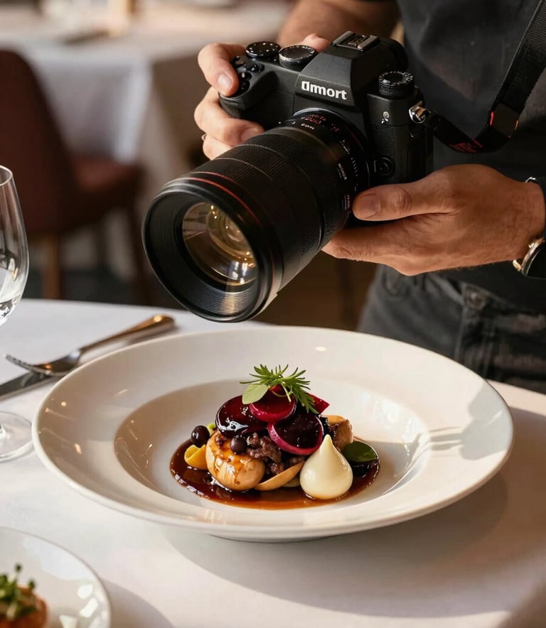 A professional photography shot of a content creator in a North American / US restaurant setting, focusing a high-end camera on a beautifully plated dish. The scene is warm and inviting, lit by soft afternoon sun. Deep Ripe Crimson and Crisp Parchment colors are subtly present in the decor and linen.