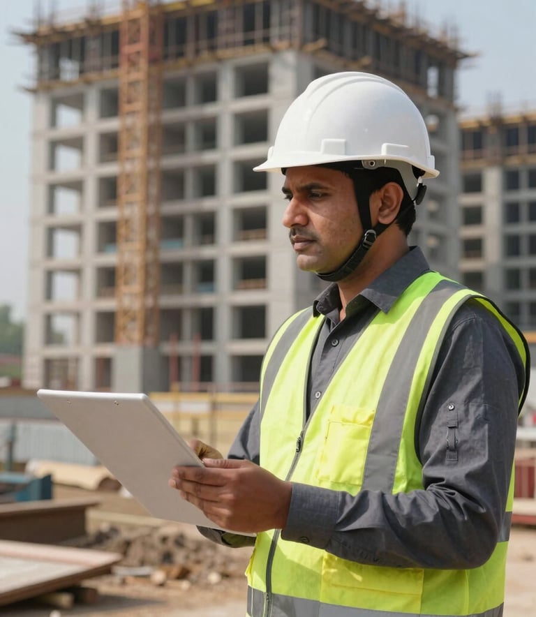A South Asian / Indian professional in a safety helmet and reflective vest inspecting a modern construction site in Raipur, Chhattisgarh, bright daylight, professional atmosphere.