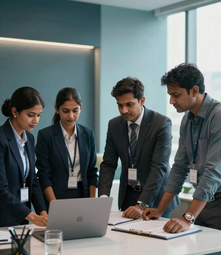 A South Asian / Indian professional team working together in a high-end corporate office in Raipur, featuring dark teal and light blue interior design elements and soft natural lighting.