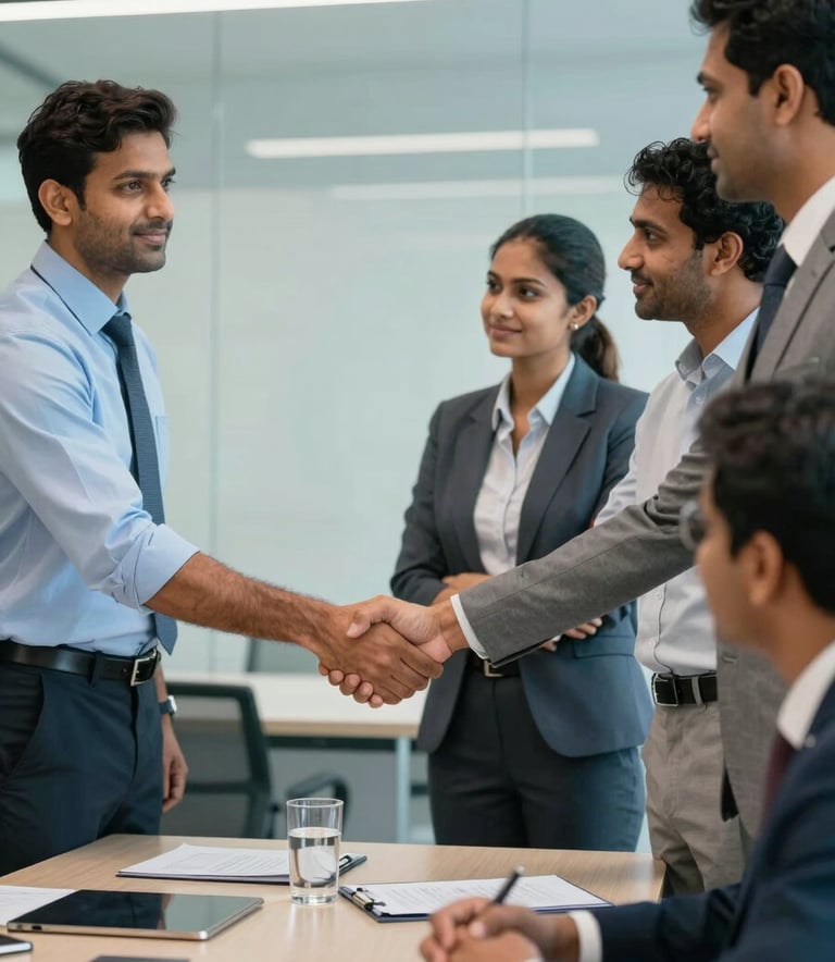 A group of South Asian / Indian professionals shaking hands in a modern corporate meeting room, professional and trustworthy mood, light blue and muted teal accents.