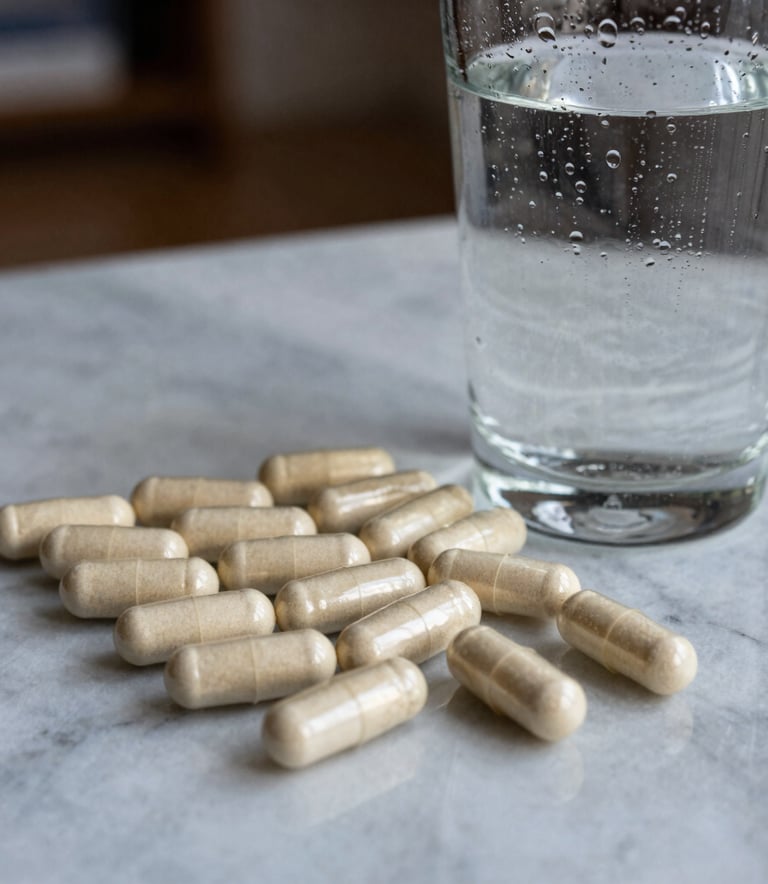 A close-up, sharp photograph of high-quality supplement capsules neatly arranged next to a condensation-covered glass of water on a light grey marble surface in a North American home.