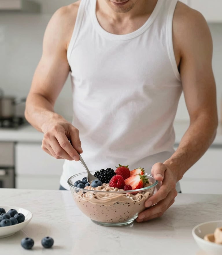 A North American professional in athletic attire preparing a fresh berry protein bowl in a high-end minimalist kitchen, bright and clean photography with soft natural light.