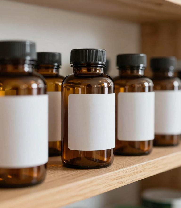 Close-up of amber glass vitamin bottles with minimalist labels arranged neatly on a wooden shelf in a bright North American home with soft morning light.