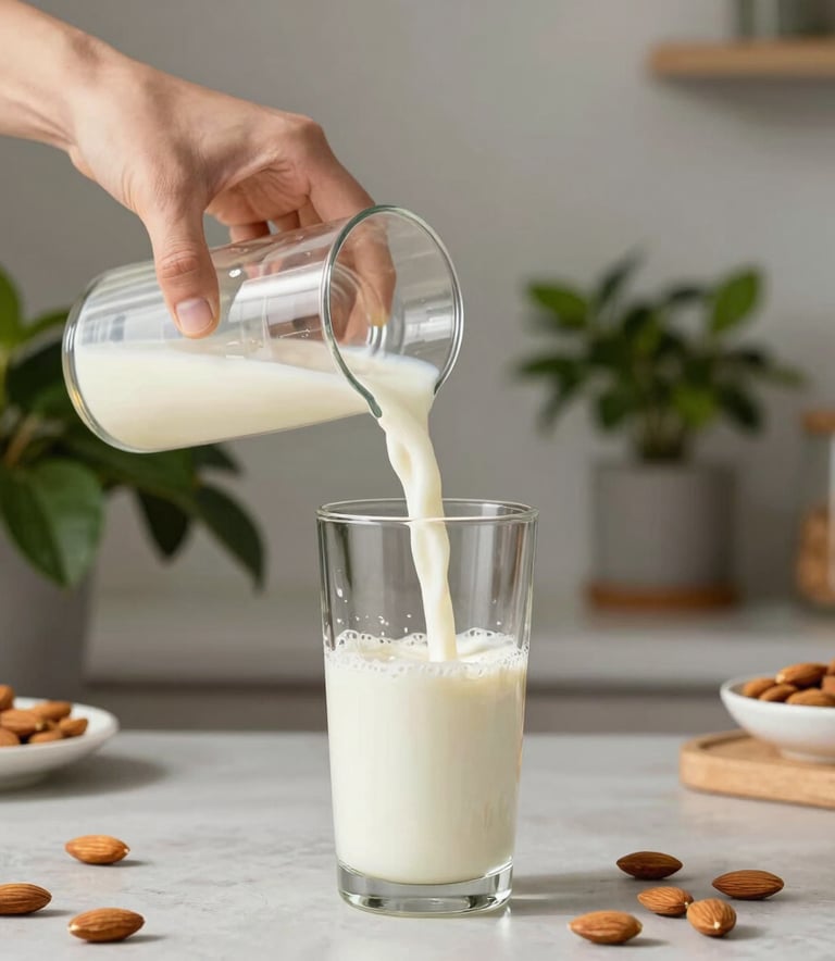 High-end lifestyle shot of a person pouring almond milk into a glass shaker in a bright, minimalist kitchen with green plants in the background, North American setting.