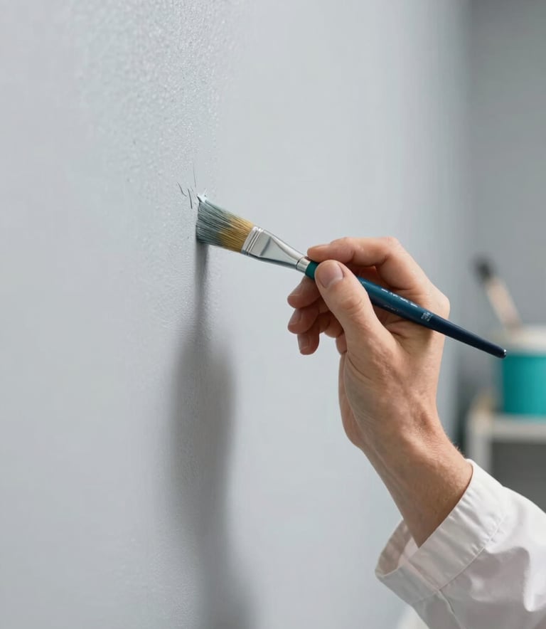 A close-up, high-definition photo of a professional painter's hand using a high-quality brush to finish a corner perfectly. The wall is a modern light grey, and the painter's uniform is clean and white. The lighting is bright and professional, highlighting the texture of the smooth paint, with hints of #4C7B9E blue in the background tools.